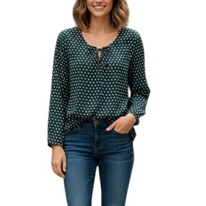 Toad&Co Geometric Tencel Long Sleeve Lace Up Collar Blouse XL Blue Lightweight